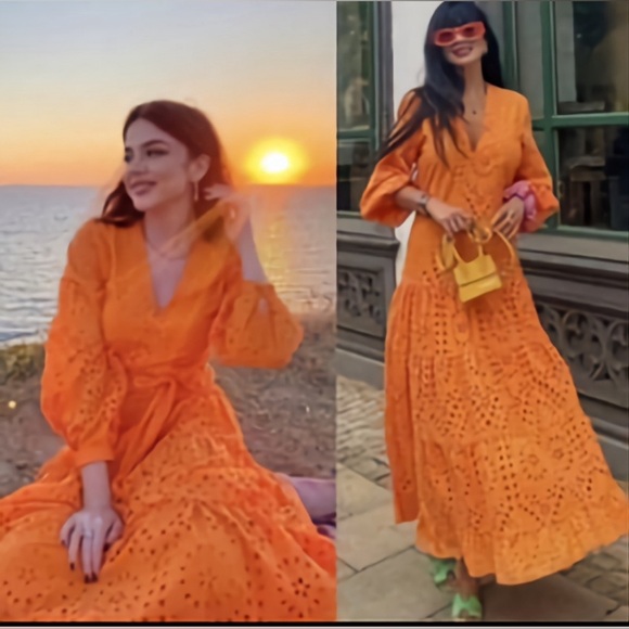 Zara Dresses & Skirts - ZARA Women’s Bell Sleeve Orange Embroidered Eyelet Belted Maxi Dress Size Small